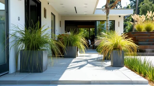 A clean and contemporary outdoor space boasting a simple patio design with modern concrete planters showcasing a variety of tall grasses . AI generation.