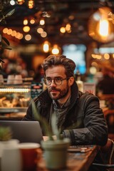 Gig economy, freelancer working in a vibrant cafe, lively, close view ,ultra HD,clean sharp focus