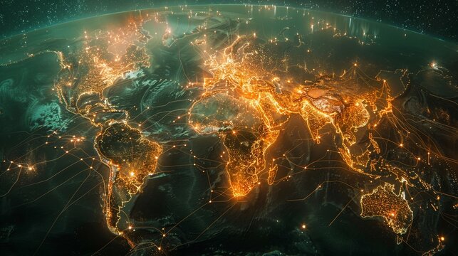 Global connectivity, world map of internet connections, digital screen, dark room ,3DCG,high resulution
