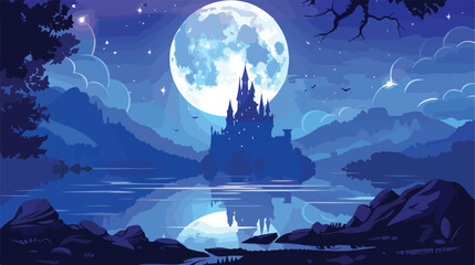A castle in the middle of a lake with a large moon Moon