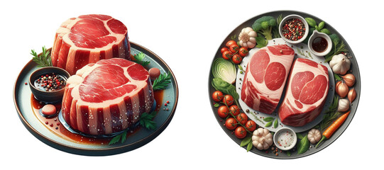 set of all the things needed to cook 2 pieces of meat isolated on transparent png background - obrazy, fototapety, plakaty
