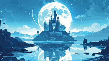 A castle in the middle of a lake with a large moon Moon - obrazy, fototapety, plakaty