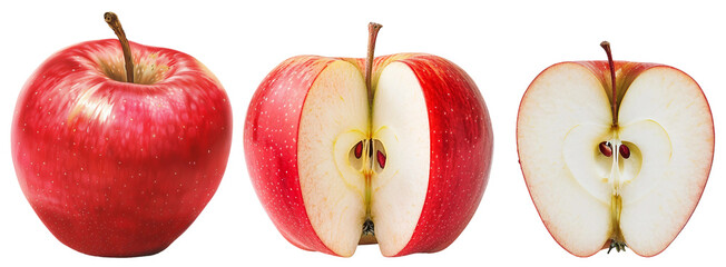 red apple and apple with cut in half isolated on white