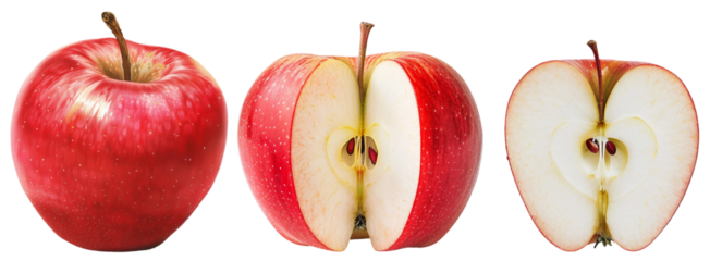 red apple and apple with cut in half isolated on white