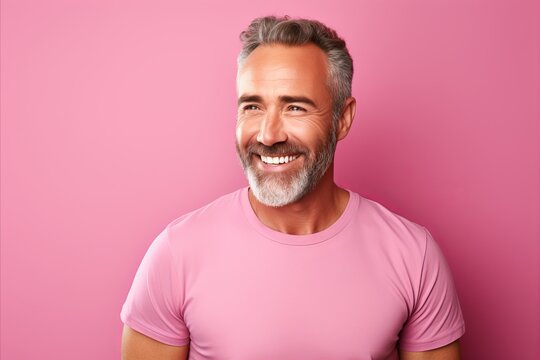 Portrait of happy mature man looking at camera and smiling against pink background