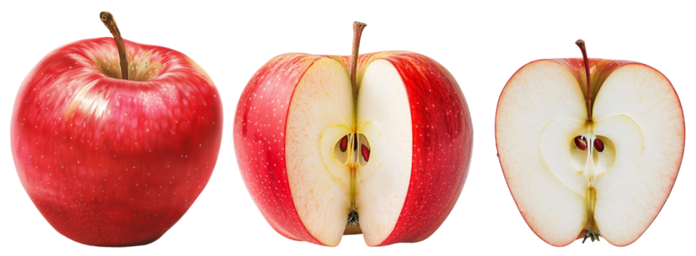red apple and apple with cut in half isolated on white