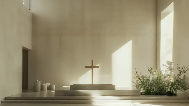 An airy view of a religious space with an open layout featuring a prominent Jesus Christ cross. Embraces Christianity, religion, and abstract concepts. Animated in 3D.