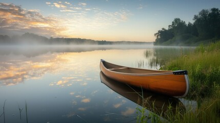 A single canoe rests on the calm waters of a misty lake reflecting the golden sunrise and the surrounding forest. Resplendent. - obrazy, fototapety, plakaty