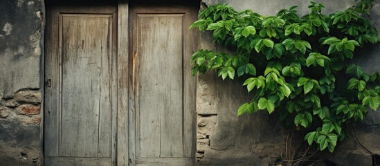 A tree is flourishing next to a wooden door on the facade of a building, adding a touch of nature to the urban landscape