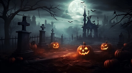 Spooky nightfall cemetery at night graces Halloween wallpaper evoking eerie nocturnal enchantment, Halloween s full moon illuminates Jack O Lanterns in spooky cemetery at night