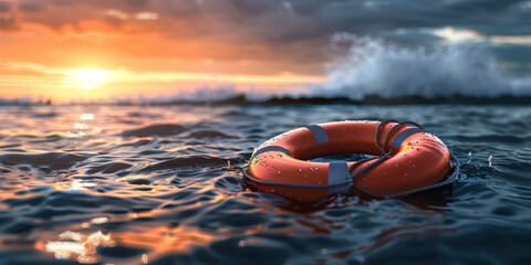 A lifebuoy is floating in the ocean - obrazy, fototapety, plakaty