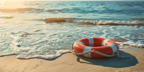 A lifebuoy on the sand near the water