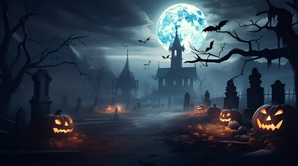 Halloween pumpkins Jack O Lanterns in spooky castle graveyard background, A graveyard that has been abandoned and is lit by the moon on Halloween night with gloomy graves is - obrazy, fototapety, plakaty