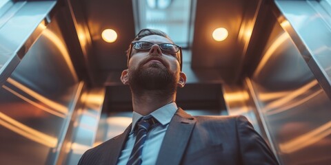 A man wearing a suit and tie is standing in an elevator