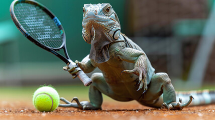 Iguana Playing Tennis Creative Digital Artwork - obrazy, fototapety, plakaty