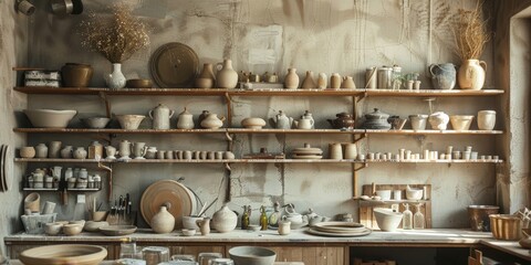 A pottery studio with shelves full of clay pots and vases
