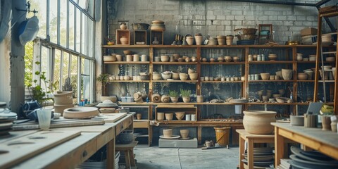 A pottery studio with shelves full of clay pots and vases