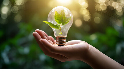 light bulb in hand,  Hand holding lightbulb with small tree and sunshine. Concept of green energy saving, renewable