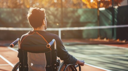 A man in a wheelchair is playing tennis with a tennis ball - obrazy, fototapety, plakaty