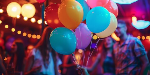 A bunch of colorful balloons are being held by a person in a party