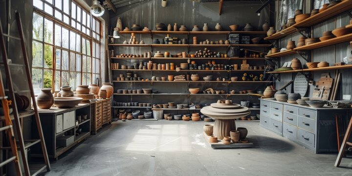 A pottery studio with shelves full of clay pots and vases