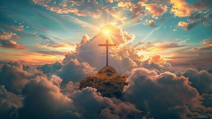 A spiritual Easter greeting card featuring the cross on Golgotha with rays of light piercing through clouds - obrazy, fototapety, plakaty