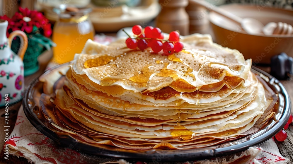 Sticker Homemade golden crepes stacked high on a rustic plate, perfect for breakfast or brunch. delicious thin pancakes served with berries for a sweet treat. AI