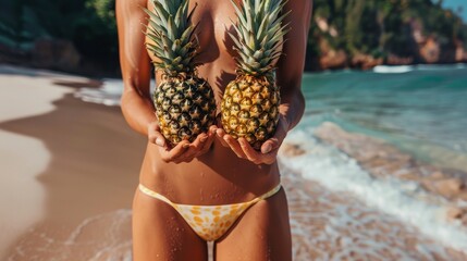 A woman is holding two pineapples in her hands while standing on a beach