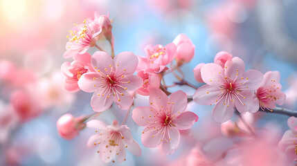 Pink cherry blossoms bloom in spring, showcasing the beauty of nature's floral wonders on a branch.