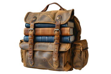School backpack with books isolated on transparent background. Back-to-school concept