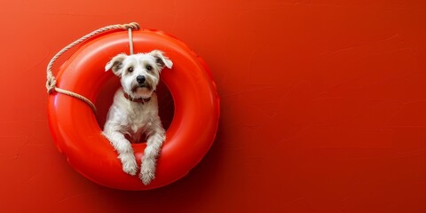 A white dog is sitting in a red lifebuoy - obrazy, fototapety, plakaty