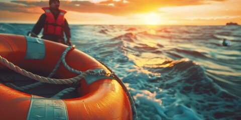 A man in a life jacket is standing next to a red life preserver in the ocean