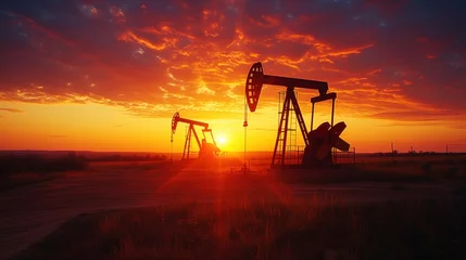 Zelfklevend Fotobehang oil pump at dawn landscape © Olexandr