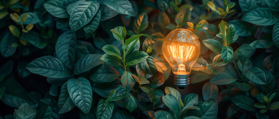 A glowing LED bulb surrounded by lush green leaves in the jungle, symbolizing innovation and inspiration