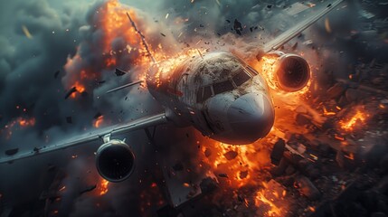 crashed plane on fire plane crash - obrazy, fototapety, plakaty