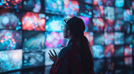 Obraz premium A person interacting with multiple screens displaying various digital media content, showcasing the integration of technology in visual communication and advertising