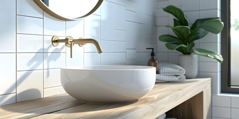 Modern classical style luxury white sink counter 3d render, A contemporary bathroom interior design includes a modern sink and faucet.

