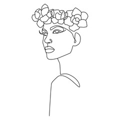 Woman Face with Flowers Line Art Drawing. Female Silhouette Minimal Illustration. Modern Trendy Line Art Drawing for Wall Decor, Fashion Minimal Print, Poster, Social Media. Beauty Logo. Vector EPS 10