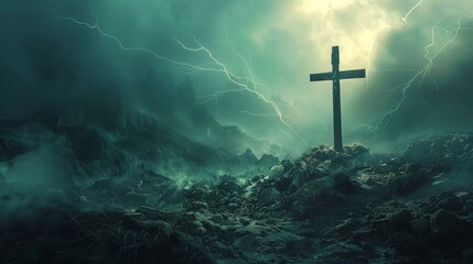 A banner for a religious website, with the cross and Golgotha scene inspiring digital pilgrimage - obrazy, fototapety, plakaty
