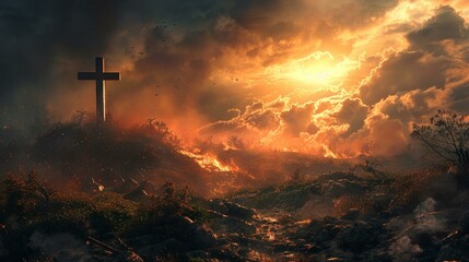 A banner for a religious website, with the cross and Golgotha scene inspiring digital pilgrimage - obrazy, fototapety, plakaty