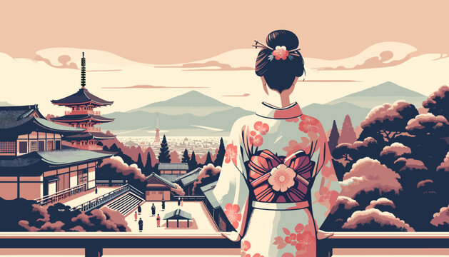 The concept of Kyoto in summer and the image of a woman in a yukata. Vector illustration.