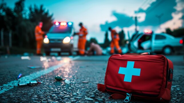A red bag with a cross on it is on the ground next to a road