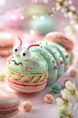 3D-rendered pastel-colored macaroons transformed into a cute caterpillar, ideal for bakery ads