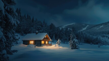 A lone log cabin radiates warmth with its glowing windows against the twilight of a tranquil,...