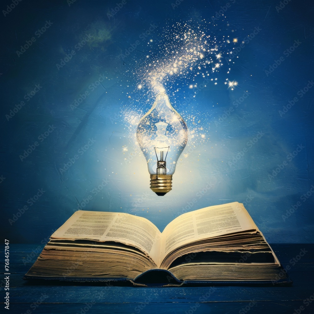 Aufkleber a concept image depicting an open book with a glowing lightbulb above, radiating sparkles, symbolizi