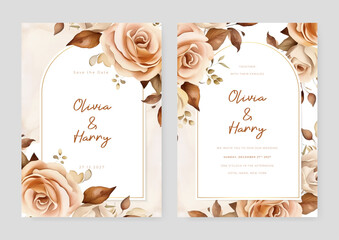 Beige rose vector wedding invitation card set template with flowers and leaves watercolor
