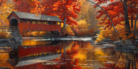 A stunning autumn landscape showcases a traditional covered bridge over a pond with vivid foliage reflection