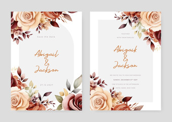 Red and beige rose floral wedding invitation card template set with flowers frame decoration