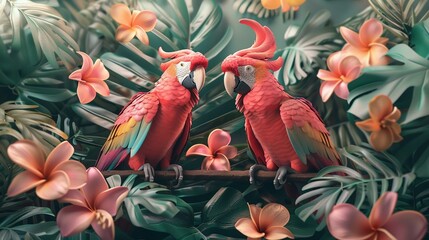 3D pastel parrots in a whimsical jungle, ideal for tropical-themed event flyers