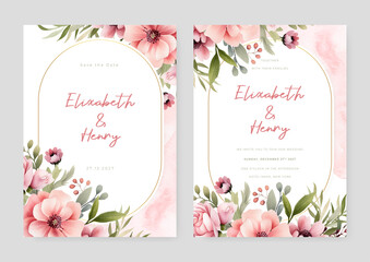 Pink peony elegant wedding invitation card template with watercolor floral and leaves
